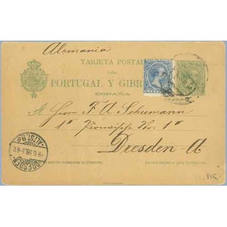 1898. Pelón. 5 c. verde + 5 c. azul. Pelón (Ed. 215) Barcelona a Dresden. Mat. Barcelona y llegada (Laiz 34Fa) 50€