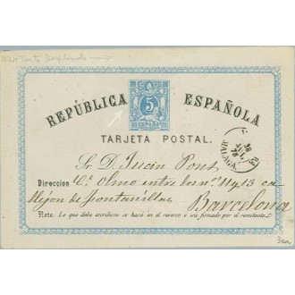 1874. 5 c. azul.Textos deplazados hacia la derecha. Antequera a Barcelona. Mat. Antequera (Laiz 3ea) 80€