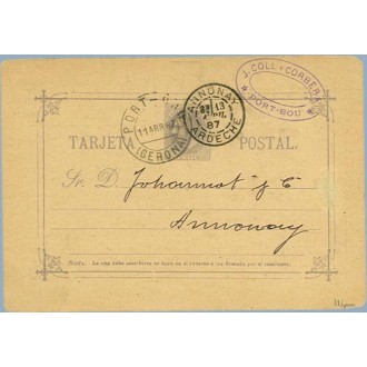 1887.10 c. violeta. Sobreimpresión privada. J. COLL Y CORBERA. Agente de aduanas. Port-Bou. Gerona a Annonay, Francia. Mat. Port