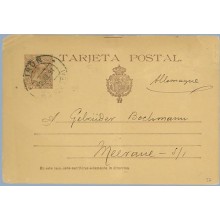 1891. Pelón.10 c. castaño. Letra "J" de tarjeta, rota en la parte inferior y "Direccion" sin acento. Irún a Meerane, Alemania. M