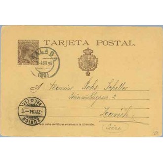 1894. Pelón.10 c. castaño. Málaga a Zurich, Mat. Málaga y llegada (Laiz 27) 5€