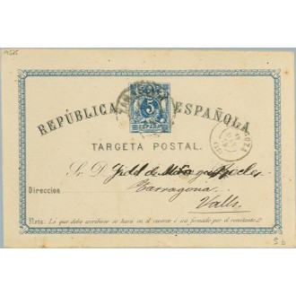 1875. 5 c. azul y negro. Mat.Tarragona y fechador Zaragoza (Laiz 5b) 14€