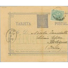 1881. 5 c. gris + 5 c. verde. (Ed. 201). Madrid a Bologna, Italia, Mat. Rombo de puntos, fechador de llegada. Tarjeta cortada (L