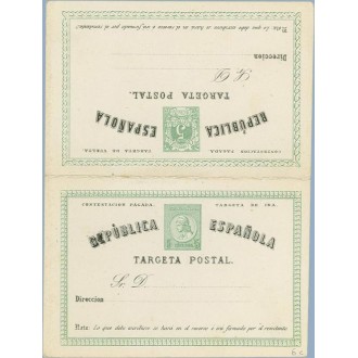 1874. Matrona y Cifras. 5 c. + 5 c. verde y negro. Tipo I. Sin línea divisoria entre las dos tarjetas (Laiz 6c) 120€