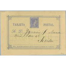 1876. 5 c. azul. Segunda "A" de Tarjeta, más pequeña. Valencia a Sevilla (Laiz 8ce) 35€