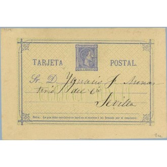 1876. 5 c. azul. Segunda "A" de Tarjeta, más pequeña. Valencia a Sevilla (Laiz 8ce) 35€