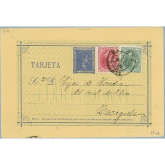 1880. 5 c. azul + 5 c. verde. (Ed. 201) + 10c. rosa (Ed. 202). Madrid a Zaragoza. Mat. Madrid (Laiz 8Fad) 120€