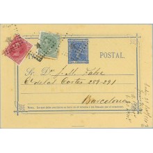 1880. 5 c. azul + 5 c. verde.(Ed. 201) + 10c. rosa (Ed. 202) Cadiz a Barcelona. Mat. Rombo de Puntos con estrella (Laiz 8Fad) 12