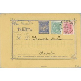 1879. 5 c. azul + 5 c. verde. (Ed. 201) + 10 c. rosa (Ed. 202) Madrid a Alicante. Mat. Madrid y Rombo de puntos con estrella (La