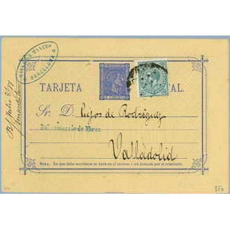 ALFONSO XII 1877. 5 c. azul + 5 c verde. Impuesto de Guerra ( Ed. 183) Barcelona a Valladolid. Mat.Taladro sin limar (Laiz 8Fb) 