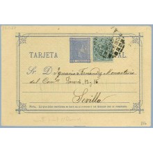 1877 c. azul + 5 c. verde. I. de Guerra (Ed. 183) Barcelona a Sevilla, Mat.Taladro sin limar (Laiz 8Fb) 40€