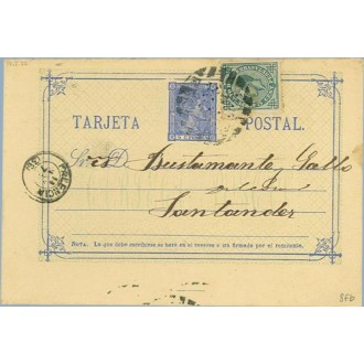 1877. 5 c. azul + 5 c. verde. I. de Guerra (Ed. 183) Palencia a Santander, Mat.Taladro sin limar (Laiz 8Fb) 40€