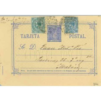 1877. 5 c. azul + 5 c. verde + 10 c. azul. I. G. (Ed. 175-183) Zaragoza a Madrid. (Laiz 8Fe) 36€