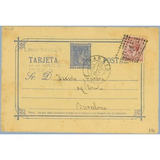 1878. 5 c. azul + 15 c. carmín. I. de Guerra (Ed. 188) Madrid a Barcelona. Mat. Rombo de puntos con estrella (Laiz 8Ff) 35€