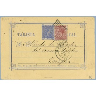 ALFONSO XII 1878. 5 c. azul. + 15 c. carmín. Impuesto de guerra (Ed.188) Madrid a Zaragoza. Mat. Madrid y Rombo de puntos (Laiz 