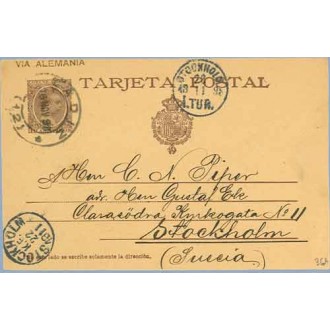 1898. Pelón.10 c. castaño. Cadiz a Estocolmo. Mat. y llegada (Laiz 36A) 60€