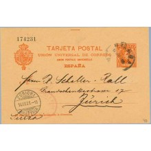 1901. Cadete.10 c. rojo. Málaga a Zurich. Mat. Málaga y llegada (Laiz 40a) 9€