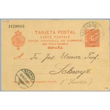 1903. Cadete.10 c. rojo s. anteado. Barcelona a Schwyz. Mat. Barcelona y llegada (Laiz 42A) 12€