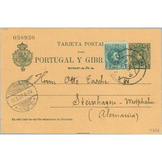 1907. Cadete. 5 c. verde azul. + 5 c. verde. (Ed.242) Madrid a Steinhagen, Alemania. Mat. Madrid y llegada (Laiz 43Fd) 70€
