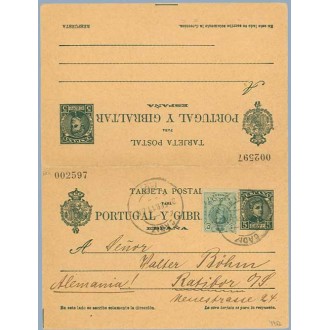 1911. Cadete. 5 c. + 5 c. verde azul + 5 c. verde. Medallón (Ed. 268). Cadiz a Rasibor, Alemania. Mat. Cadiz (Laiz 44cb+Fb) 150€