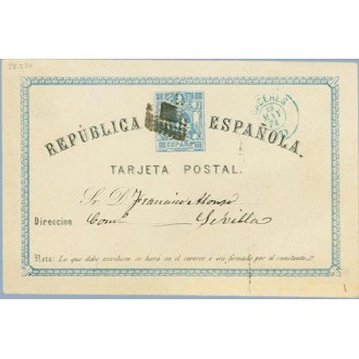 1874. 5 c. azul. Cáceres a Sevilla. Mat. Rombo de puntos y fechador CACERES, en color azul.Araña con 5 de Granada (Laiz 1) 80€