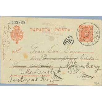 1909. Cadete.10 c. rojo. Málaga a Nurnberg. Mat. Málaga (Laiz 45A) 6€