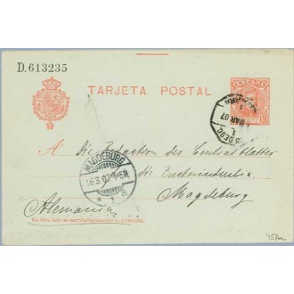 1907. Cadete.10 c. rojo sobre azulado. Marcilla, Navarra a Magdeburg, Alemania. Mat. Ambulante y llegada (Laiz 45Aa) 20€