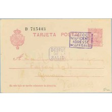 1930. Vaquer.15 c. lila. Numeración tipo III. Dirigida a Valencia. Marcas Direción insuficiente, Adresse Insuffisante y Despues 