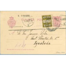 1930. Vaquer. 15 c. lila, numeración tipo III + 5 c. negro y verde, serie 6ª (Barcelona Ed. 6). Barcelona a Igualada. Mat. Barce