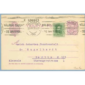 1930. Vaquer.15 c. lila.numeración tipo III + 10 c. verde Vaquer (Ed. 314) Málaga a Berlin. Mat. Málaga (Laiz 57naFe) 35€