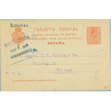 1919. Medallón.10 c. rojo s. azulado. Barcelona a N.Y. Marca Received Answered (Laiz 53) 36€