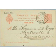 1910. Medallón. 10 c. rojo s.gris. Barcelona. Mat. Ambulante (Laiz 53D) 35€