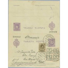 1911. Cadete. 15 c. + 15 c. violeta + 4/4 c. verde (ed. 173) + 2 c. castaño. Medallón (Ed. 267). Valencia a Fangermunde. Mat. Va