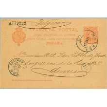 1905. Cadete.10 c. rojo. Málaga a Anvers. Mat. Málag. llegada (Laiz 47) 9€