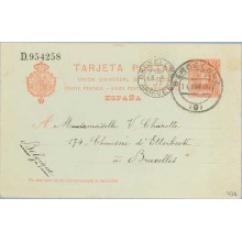 1907. Cadete.10 c. rojo. Barna. a Bruselas. Mat. Barna. llegada (Laiz 47A) 3€